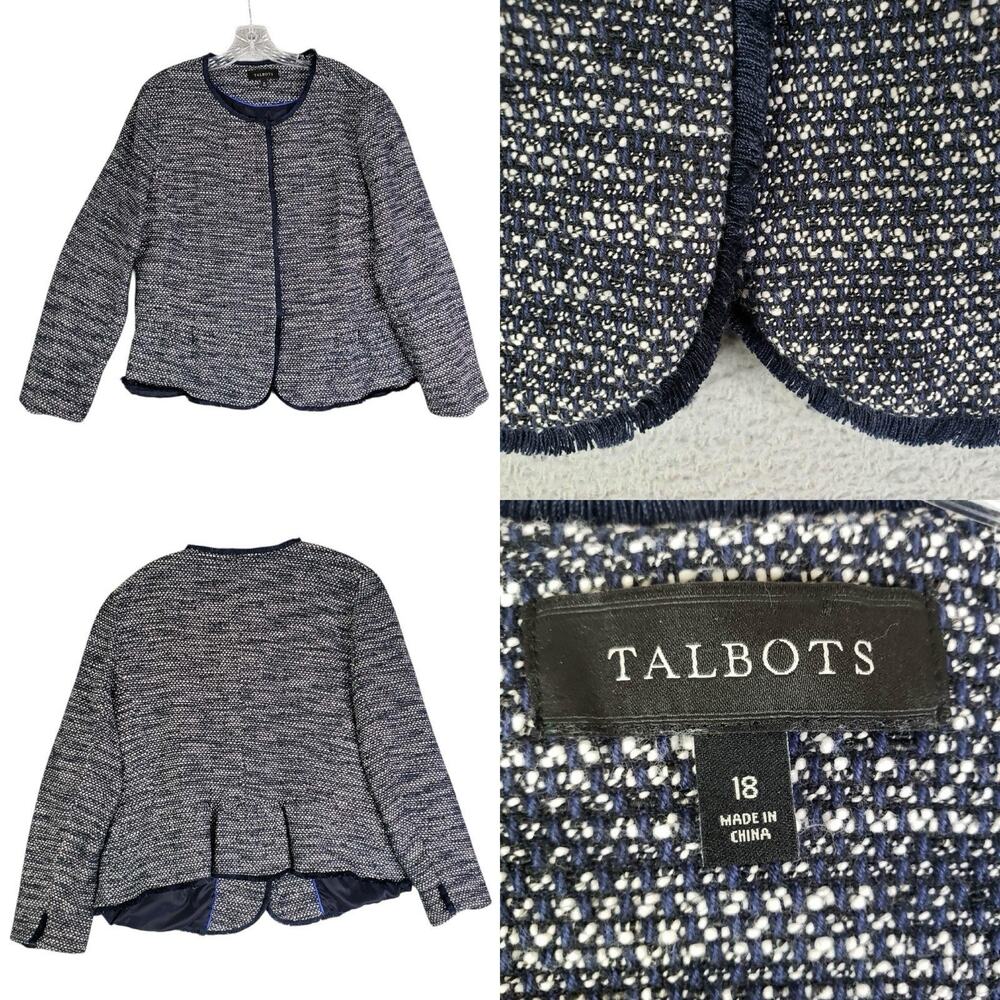 Talbots Blazer Women's Size 18 Blue Tweed Long Sleeve Jacket Stretch Knit